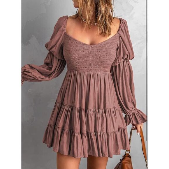 NEW Off The Shoulder V Neck Long Sleeve Ruffle Flowy Mini Dress L - Picture 4 of 6